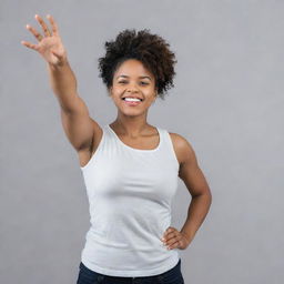 A strong and empowered woman standing confidently with her arm raised, symbolizing support and women's rights