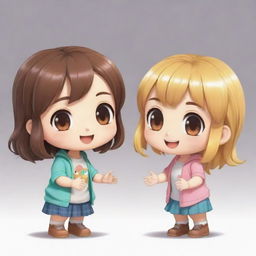 A cheerful Chibi character engaged in a lively conversation with her friend