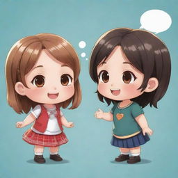 A cheerful Chibi character engaged in a lively conversation with her friend