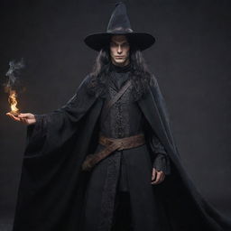 A male witch character with feminine characteristics, wearing artistic witch attire, encompassing both strength and elegance.