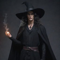 A male witch character with feminine characteristics, wearing artistic witch attire, encompassing both strength and elegance.