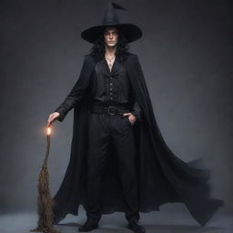 A male witch character with feminine characteristics, wearing artistic witch attire, encompassing both strength and elegance.