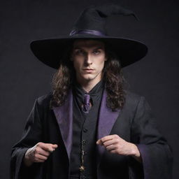 A male witch character with feminine characteristics, wearing artistic witch attire, encompassing both strength and elegance.