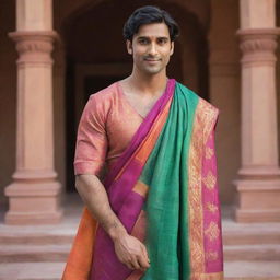 A male character confidently dressed in a colorful and beautifully draped Indian saree, showing a blend of traditional Indian culture with gender diversity.