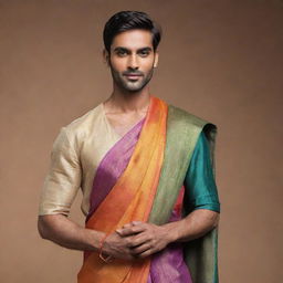 A male character confidently dressed in a colorful and beautifully draped Indian saree, showing a blend of traditional Indian culture with gender diversity.