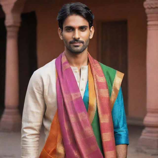 A male character confidently dressed in a colorful and beautifully draped Indian saree, showing a blend of traditional Indian culture with gender diversity.