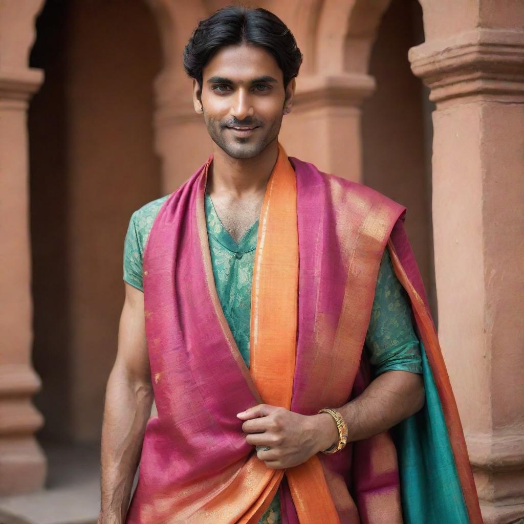 A male character confidently dressed in a colorful and beautifully draped Indian saree, showing a blend of traditional Indian culture with gender diversity.