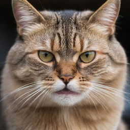 A close-up portrait of an angry-looking cat