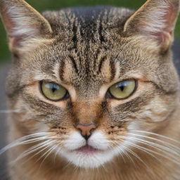 A close-up portrait of an angry-looking cat