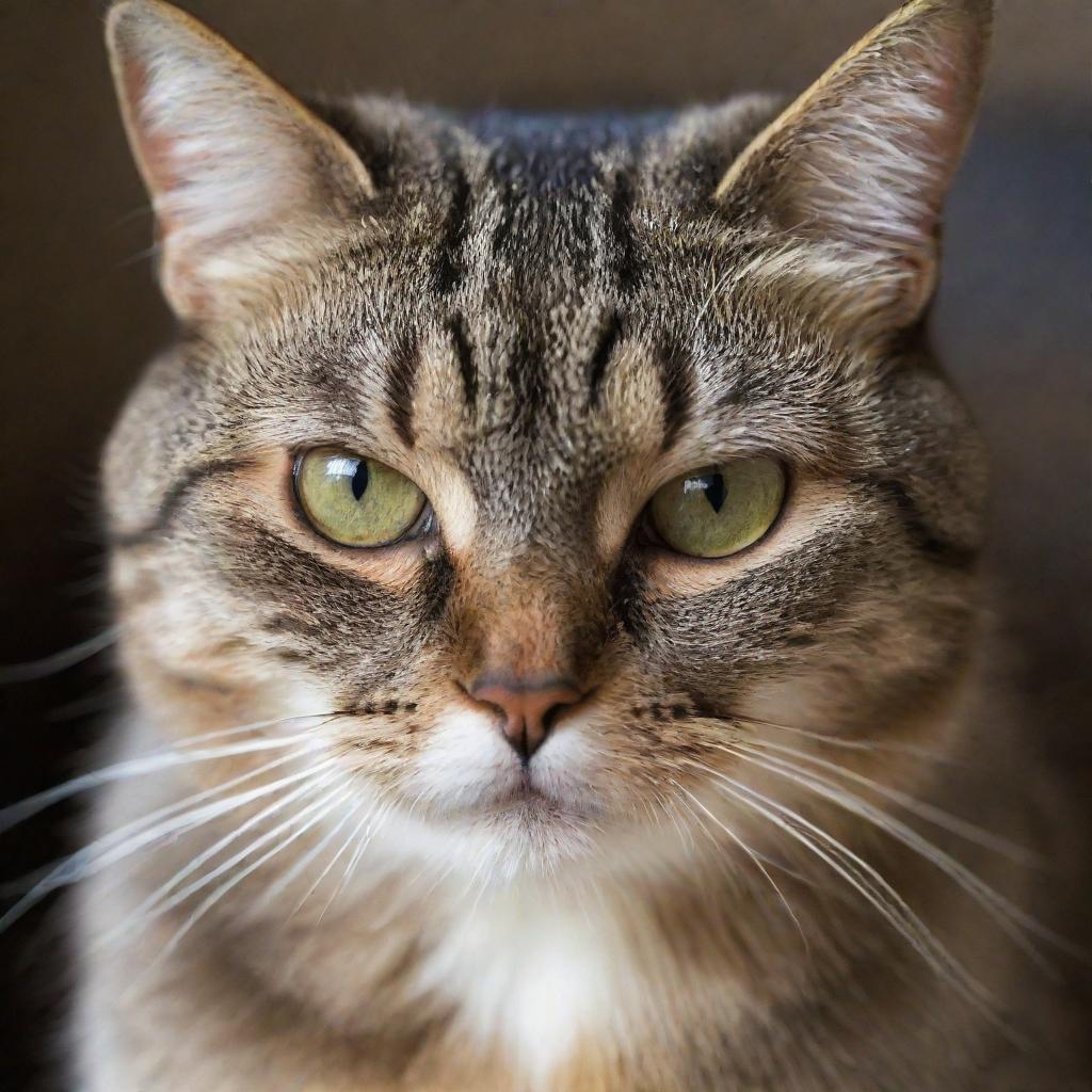 A close-up portrait of an angry-looking cat