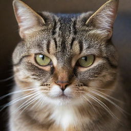 A close-up portrait of an angry-looking cat