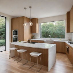 A modern kitchen space with a semi-oval marble countertop, stainless steel appliances and pendant light fixtures. The color scheme is warm, with natural wood and white tones, complete with a floor-to-ceiling window overlooking a garden.