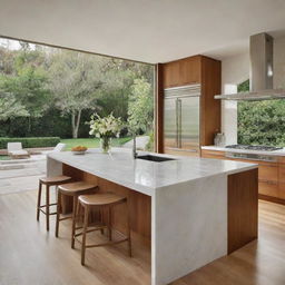 A modern kitchen space with a semi-oval marble countertop, stainless steel appliances and pendant light fixtures. The color scheme is warm, with natural wood and white tones, complete with a floor-to-ceiling window overlooking a garden.