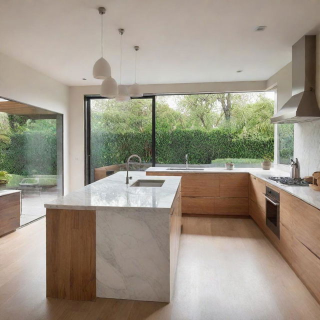 A modern kitchen space with a semi-oval marble countertop, stainless steel appliances and pendant light fixtures. The color scheme is warm, with natural wood and white tones, complete with a floor-to-ceiling window overlooking a garden.