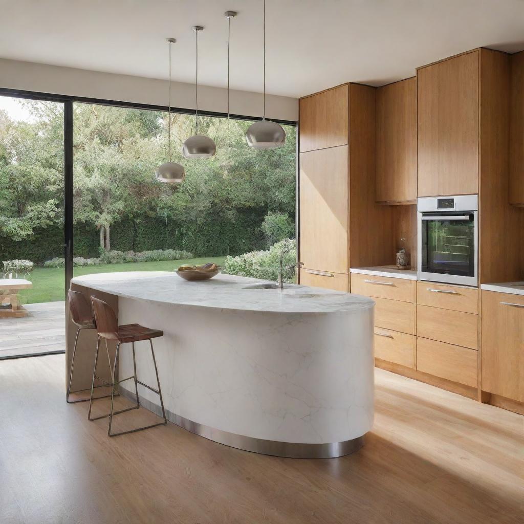 A modern kitchen space with a semi-oval marble countertop, stainless steel appliances and pendant light fixtures. The color scheme is warm, with natural wood and white tones, complete with a floor-to-ceiling window overlooking a garden.