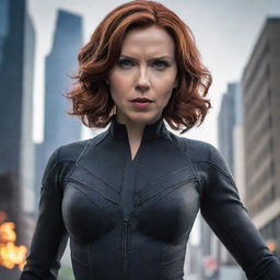 Black Widow, the iconic Marvel superhero, showcased in a new and unique costume while maintaining her signature style and allure.