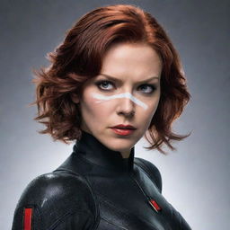 Black Widow, the well-known Marvel superhero, with white paste on her face, creating an intriguing contrast with her usual appearance.