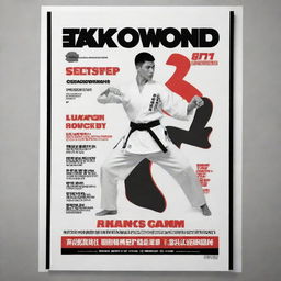 A poster featuring the text 'Taekwondo 3 Steps Self-Defense Number 1' with high contrast, bold typography, and dynamic martial arts imagery.