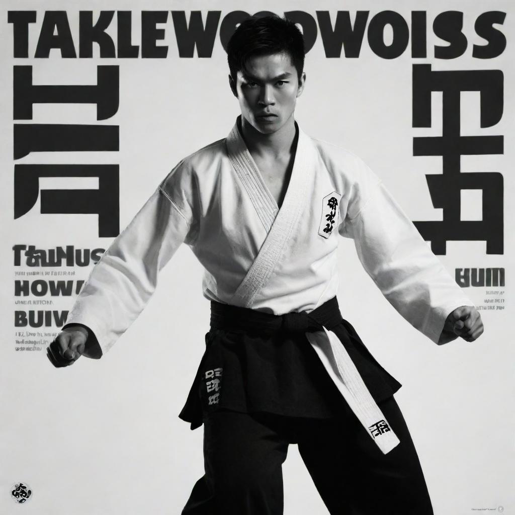 A poster featuring the text 'Taekwondo 3 Steps Self-Defense Number 1' with high contrast, bold typography, and dynamic martial arts imagery.