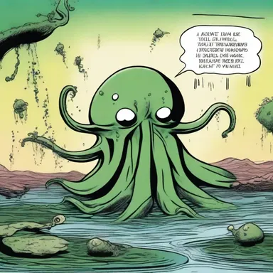 In the comic strip, the villain is portrayed as a pond-scum parasite with slimy tentacles.
