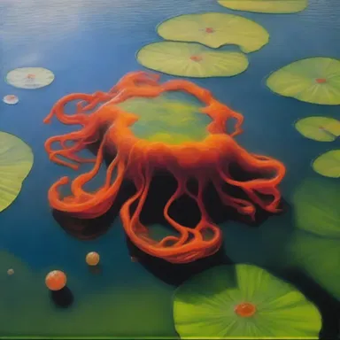 The artist created a mesmerizing painting of a pond-scum parasite floating on the surface of the water.
