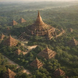 An imaginative futuristic view of Myanmar 10,000 years from now, showcasing advanced technology, lush greenery, impressive infrastructures, fused with traditional Burmese culture.