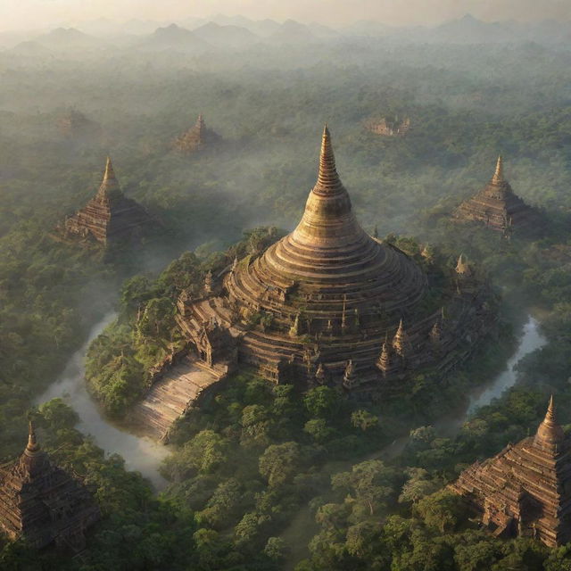 An imaginative futuristic view of Myanmar 10,000 years from now, showcasing advanced technology, lush greenery, impressive infrastructures, fused with traditional Burmese culture.