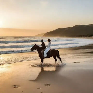 As the sun set, the couple rode together on the charger along the sandy beach, their love blossoming with every passing moment.