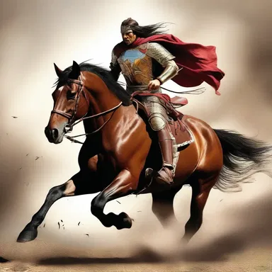 In the epic battle scene, the fearless warrior led his charger into the fray, galloping with great speed and striking down the enemy.