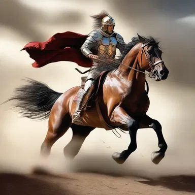 In the epic battle scene, the fearless warrior led his charger into the fray, galloping with great speed and striking down the enemy.