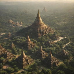 An imaginative futuristic view of Myanmar 10,000 years from now, showcasing advanced technology, lush greenery, impressive infrastructures, fused with traditional Burmese culture.