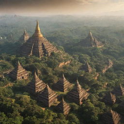 An imaginative futuristic view of Myanmar 10,000 years from now, showcasing advanced technology, lush greenery, impressive infrastructures, fused with traditional Burmese culture.