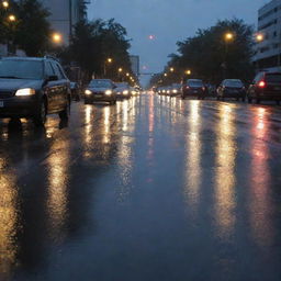 Twilight traffic jam scene with wet street and puddles reflecting tail and street lights after rainfall