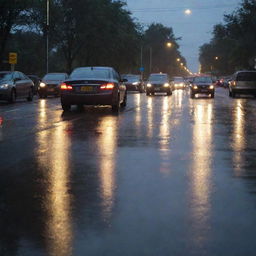 Twilight traffic jam scene with wet street and puddles reflecting tail and street lights after rainfall