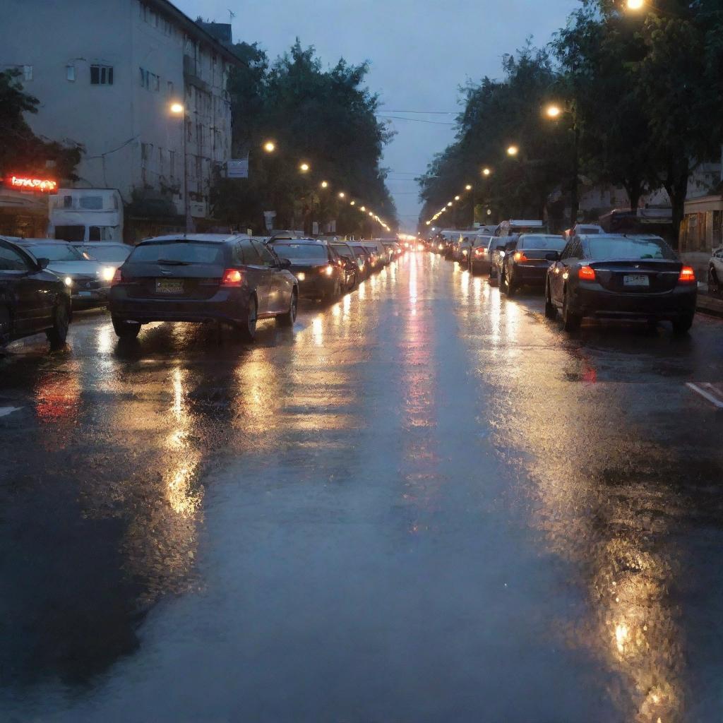 Twilight traffic jam scene with wet street and puddles reflecting tail and street lights after rainfall