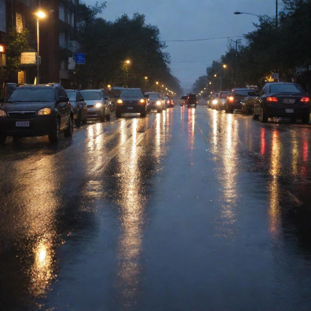 Twilight traffic jam scene with wet street and puddles reflecting tail and street lights after rainfall