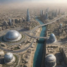 A futuristic view of Iraq in the year 2029 featuring advanced infrastructure, contemporary architecture, and thriving communities