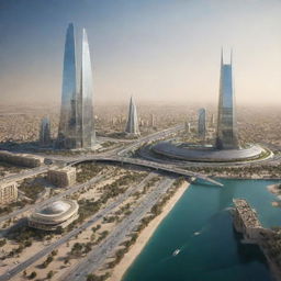 A futuristic view of Iraq in the year 2029 featuring advanced infrastructure, contemporary architecture, and thriving communities