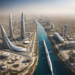 A futuristic view of Iraq in the year 2029 featuring advanced infrastructure, contemporary architecture, and thriving communities