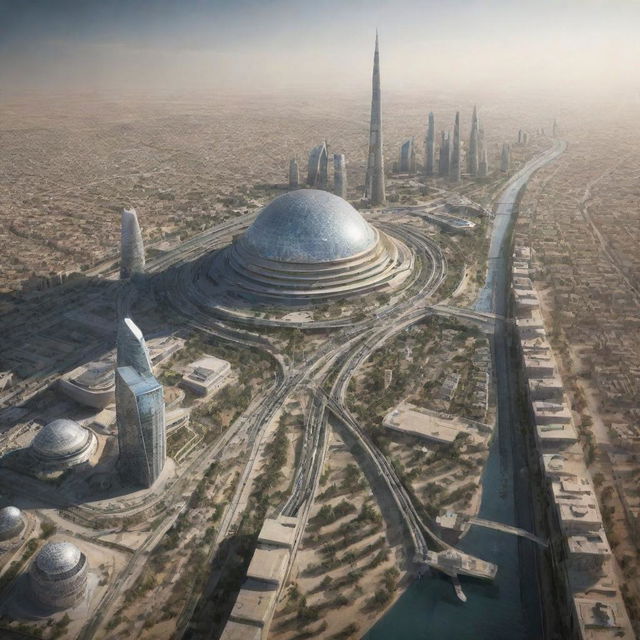 A futuristic view of Iraq in the year 2029 featuring advanced infrastructure, contemporary architecture, and thriving communities