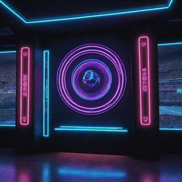 A high-tech, cyberpunk-style representation of the world's highest ranked football club, accentuated by neon lights and futuristic elements.