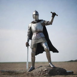 A male knight triumphantly standing despite being impaled by a sword