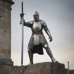 A male knight triumphantly standing despite being impaled by a sword