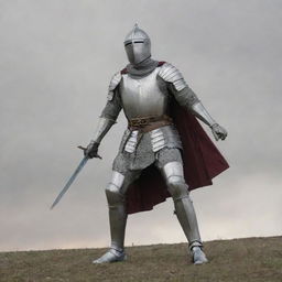 A male knight triumphantly standing despite being impaled by a sword