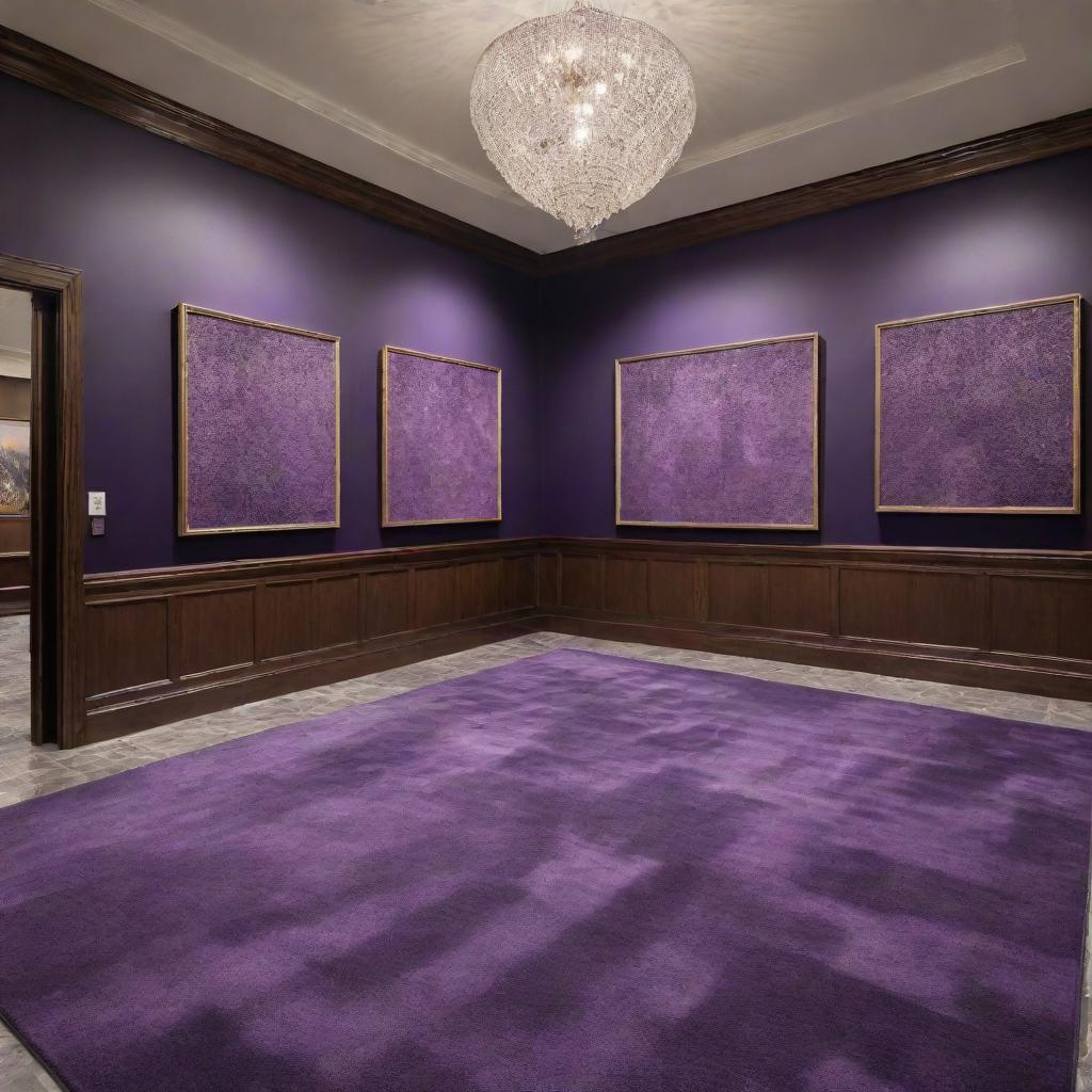 A large lobby with a rich, dark violet carpet. Framed jigsaw puzzles are artistically arranged on the walls, creating an immersive visual display.