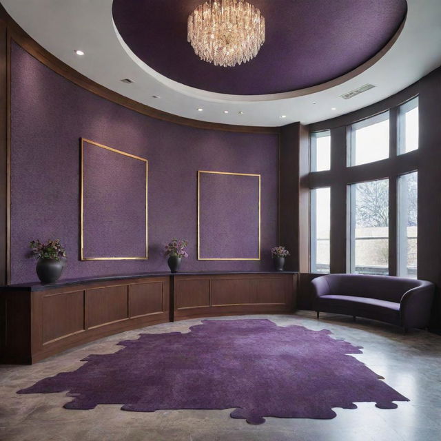 A large lobby with a rich, dark violet carpet. Framed jigsaw puzzles are artistically arranged on the walls, creating an immersive visual display.