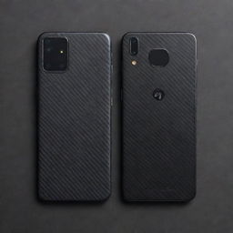 Split image showcasing a transformation from a broken mobile back to a sleek black carbon fiber skin