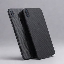 Split image showcasing a transformation from a broken mobile back to a sleek black carbon fiber skin