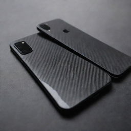 The image captures the transformation from a broken mobile back to a sleek black carbon fiber skin, all in one single frame