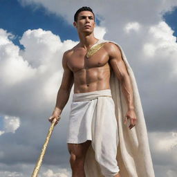 Cristiano Ronaldo poetically represented as a majestic Greek god, complete with an athletic physique, wearing a toga, wielding a golden spear and surrounded by ethereal clouds.